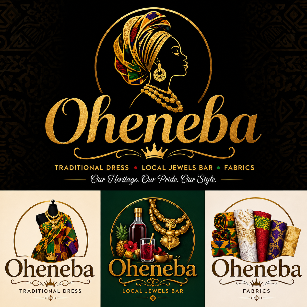 Oheneba brand artwork featuring traditional dress, local jewellery, drinks and Ghanaian fabrics