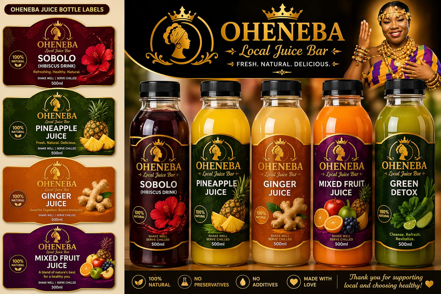 Oheneba Local Juice Bar collection featuring sobolo, pineapple, ginger, mixed fruit and green detox drinks