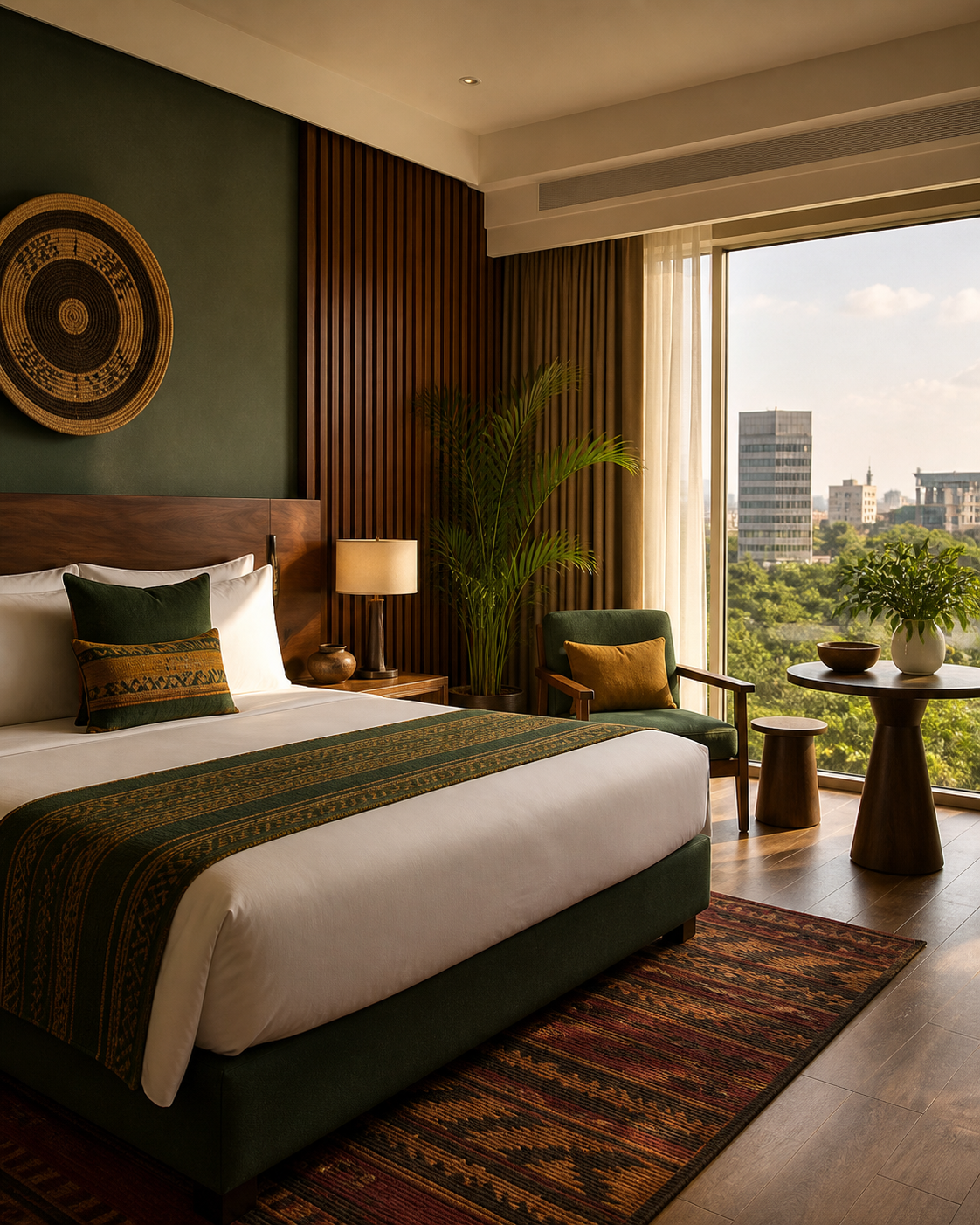 An elegant hotel room with warm Ghanaian-inspired textiles and natural wood details